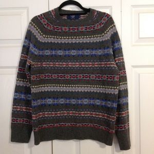 J. CREW Lambswool Size Small Men's Fair Isle Tribal Print Gray Blue Red Sweater